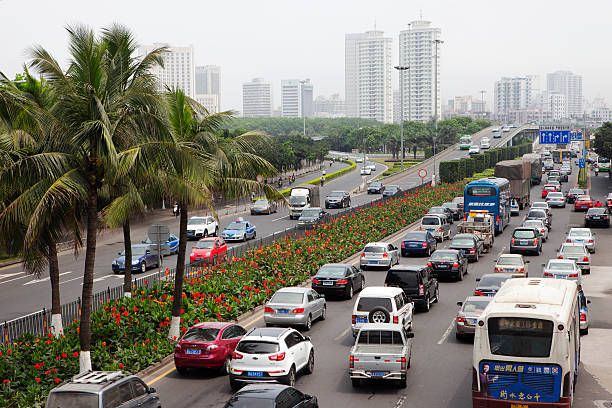 Traffic jam on Binhai Road, Haikou, China