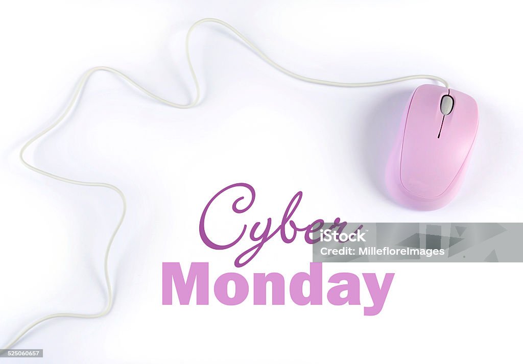 Cyber Monday sale shopping sign Cyber Monday sale shopping sign with pink purple computer mouse on white background. Agreement Stock Photo