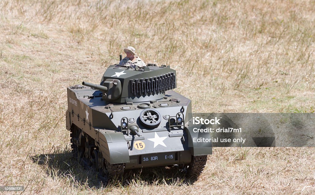 Remote Control Tank Arlington, United States - July 10, 2010: This image shows a small remote control tank vehicle on display at the Arlington Fly In, an airshow where the Arlington Airport opens to the public. Armored Tank Stock Photo