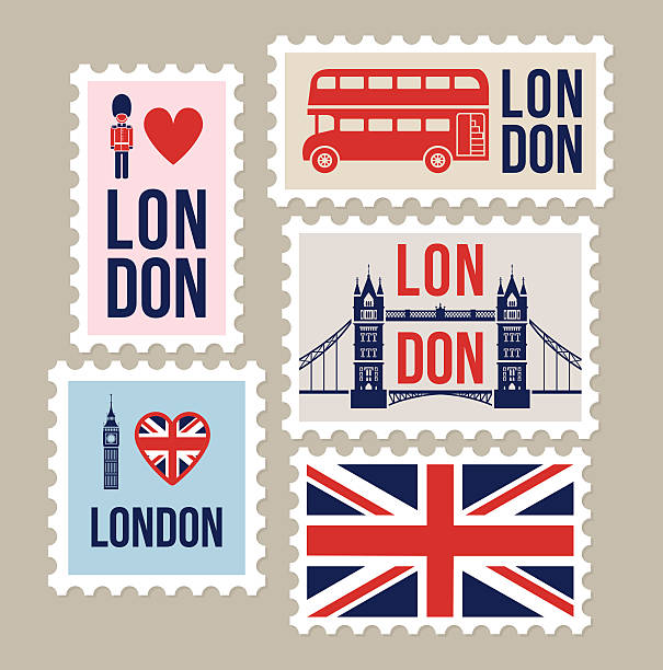 illustrazioni stock, clip art, cartoni animati e icone di tendenza di londra gran bretagna viaggio francobolli di posta - british flag flag london england england