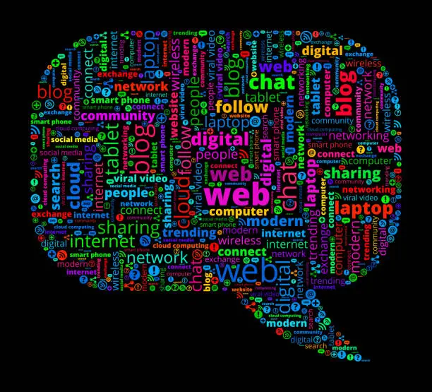 Vector illustration of Chat Bubble on Modern Communication and Technology Word Cloud
