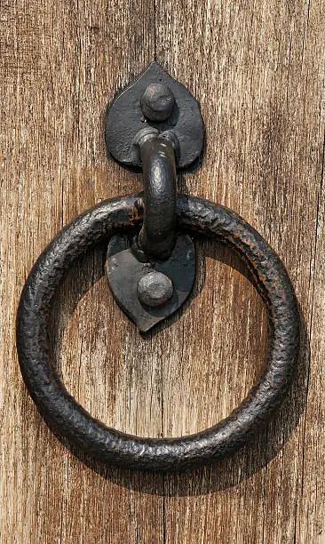 Closeup image of old door with circle iron doorhandle
