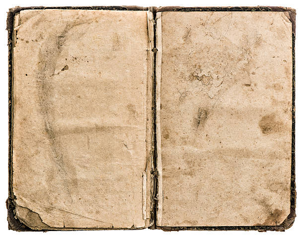 istock open old book isolated on white. grungy worn paper texture 525071935