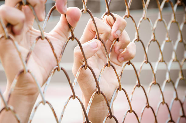 istock Hands with Mesh cage, Hands with steel mesh fence 525072061