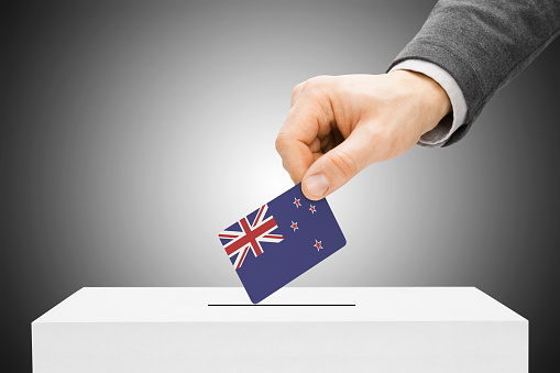Voting concept - Male inserting flag into ballot box - New Zealand