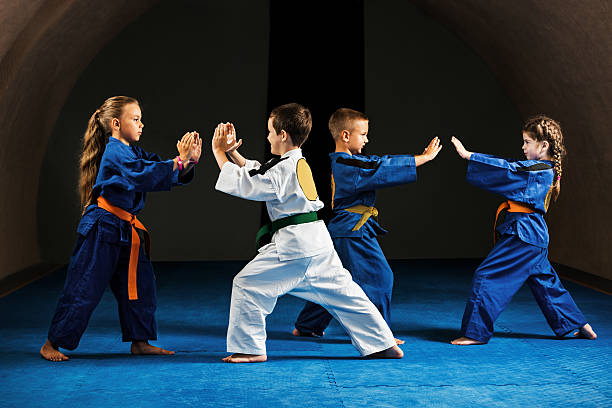 en guardia. - child karate little boys martial arts fotografías e imágenes de stock