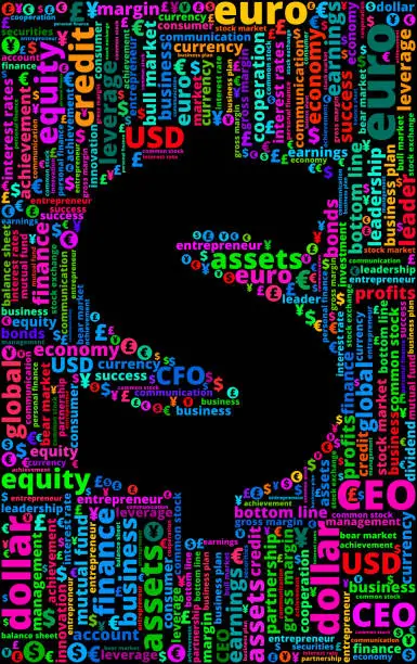 Vector illustration of Dollar Sign on Business and Finance Word Cloud