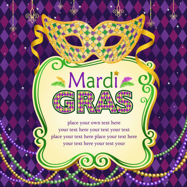 illustrazioni stock, clip art, cartoni animati e icone di tendenza di mardi gras maschera per ballo in maschera segnaposto - mardi gras mask bead fleur de lys