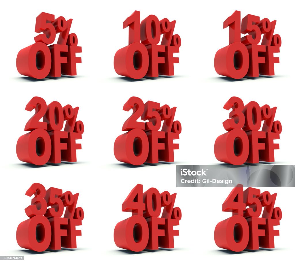 Advertising discounts 5% to 45 % Off in red. Set of advertising discounts 5% to 45 % Off in red. 3d render illustration. Advertisement Stock Photo