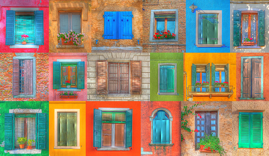 collage of Italian rustic windows in hdr tone mapping effect