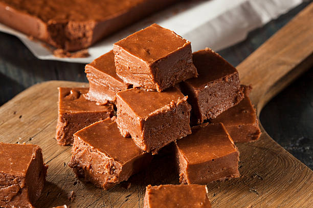 Homemade Dark Chocolate Fudge Homemade Dark Chocolate Fudge Ready to Eat chewy photos stock pictures, royalty-free photos & images