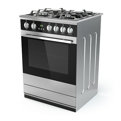 Acero inoxidable para cocinas de gas con horno Aislado en blanco. photo
