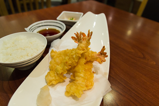 fried prawn japanese tempura with radish,rice and and soy sauce