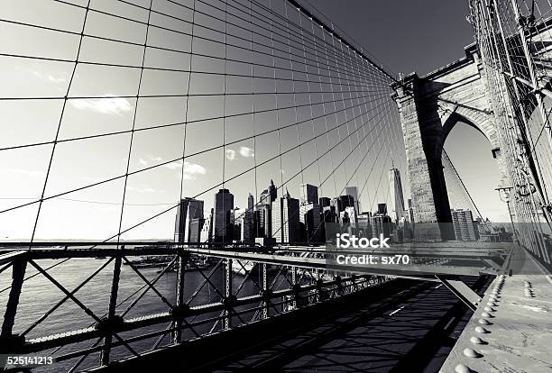 Brooklyn Bridge In Black And White Wide Angle Stock Photo - Download Image Now - Black And White, Brooklyn Bridge, Arch - Architectural Feature