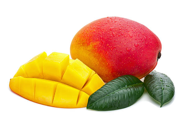 istock Fresh Mango Fruit with Cut and Green Leaves Isolated. 525142721