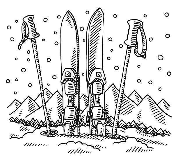 Vector illustration of Pair Of Skis And Ski Poles Winter Sport Drawing