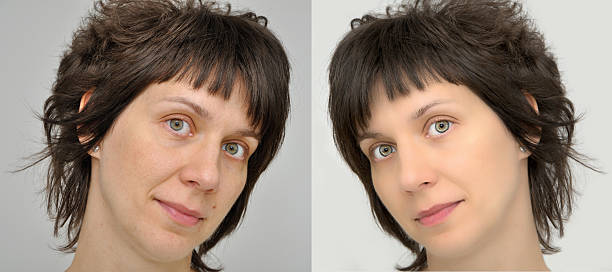 istock Woman before and after applying make-up and computer retouching 525149361