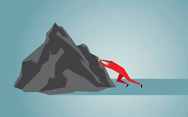 Vector illustration of Confident Man Conquering Adversity Pushing Mountain