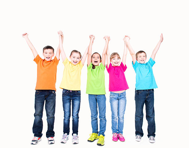 istock Group of smiling kids with raised hands. 525151909