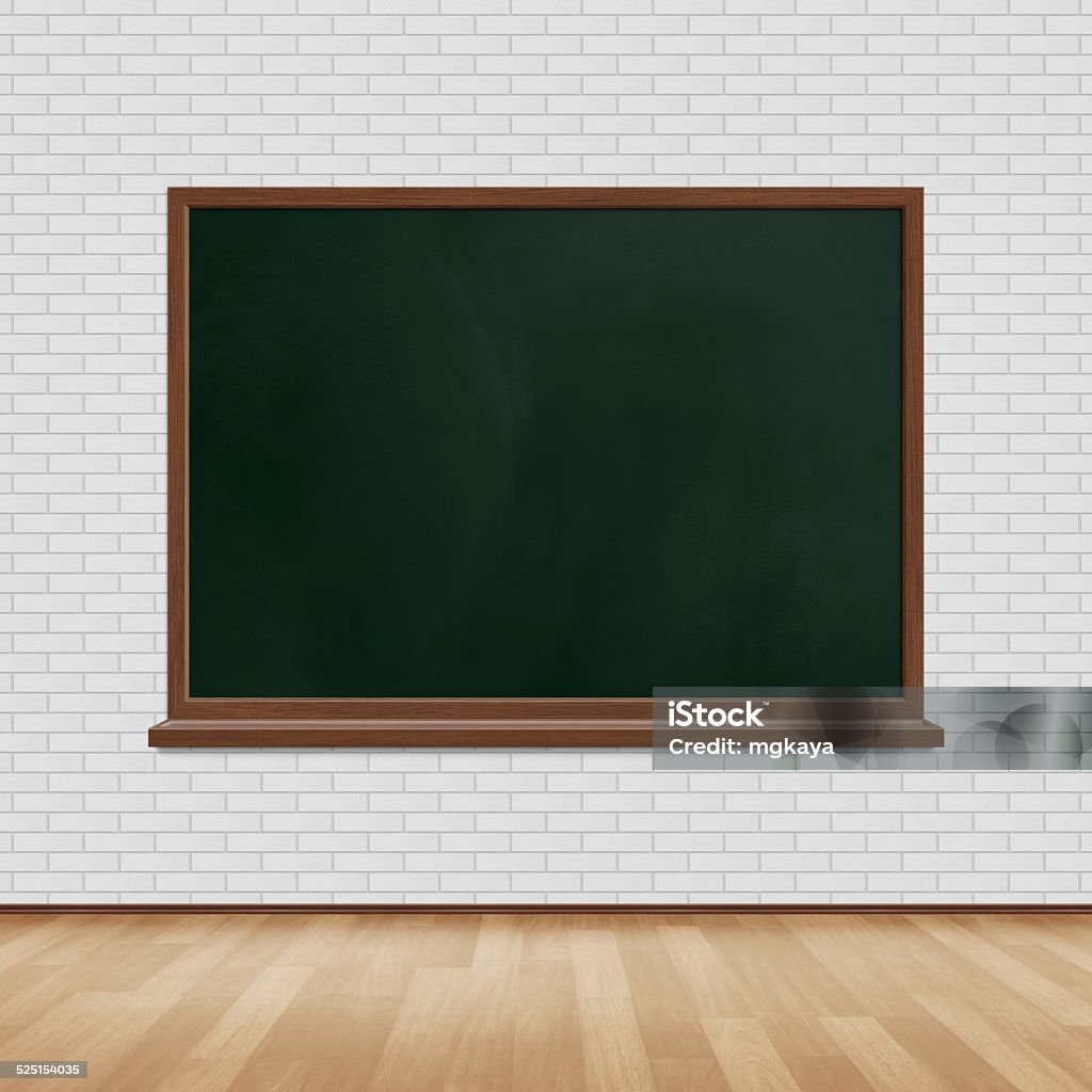 Blank Blackboard Blank school blackboard / chalkboard with wooden frame on white brick wall with hardwood floor. Backgrounds Stock Photo
