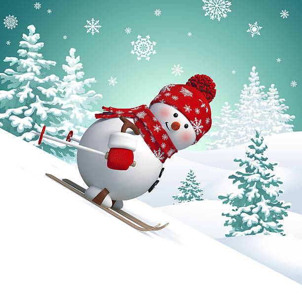 istock 3d funny snowman skiing downhill, winter landscape background 525155219