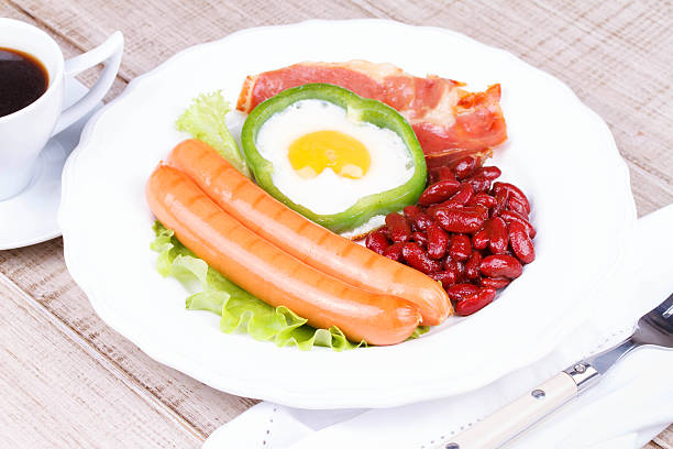 istock Fried egg, sausages, bacon and red beans 525155977