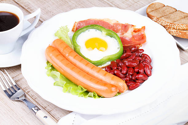 istock Fried egg, sausages, bacon and red beans 525156097