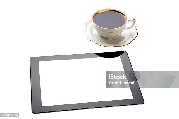 Tablet Pc With Antique Cup Stock Photo - Download Image Now - Antique, Black Color, Blank