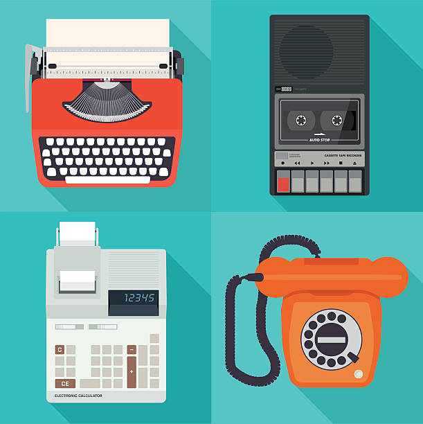 ilustrações, clipart, desenhos animados e ícones de 1980 do equipamento de escritório - single object machine classic style