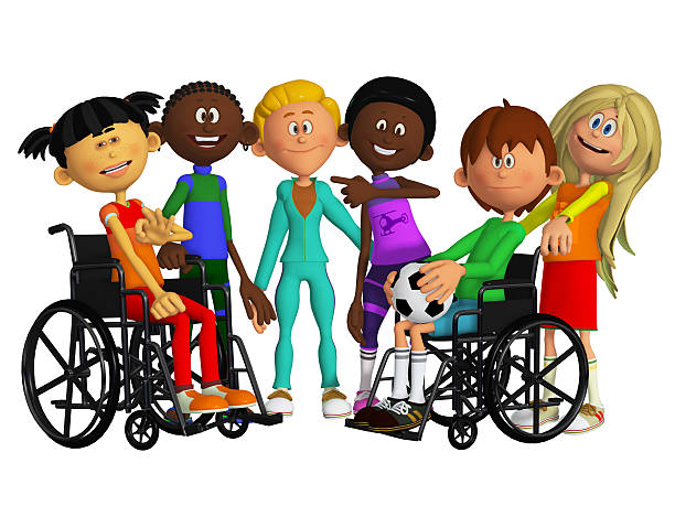 Classmates, friends with two  disabled children stock photo