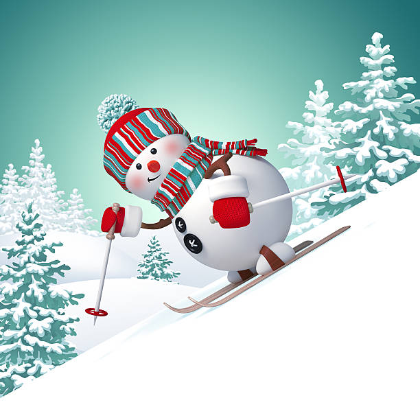 istock 3d funny snowman skiing downhill, winter landscape background 525177159