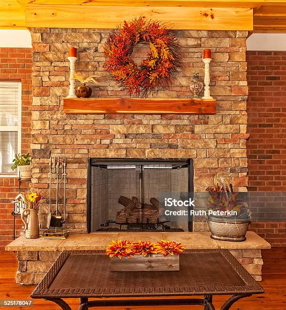 Outdoor Deck With Fireplace Stock Photo - Download Image Now - Autumn, Fireplace, Mantelpiece