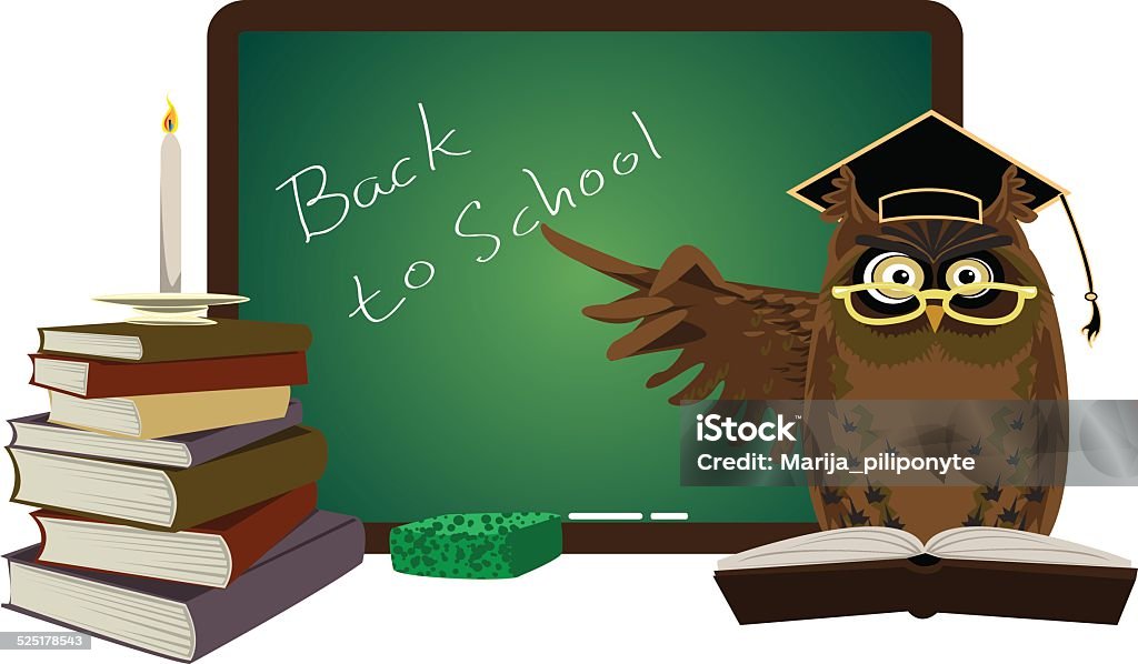 Back to school Back to school owl teacher with blackboard behind it and stack of books Classroom stock vector