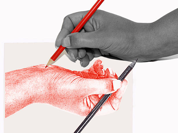Hand drawing One hand draw the another hand, in black and white and in red. esher stock pictures, royalty-free photos & images