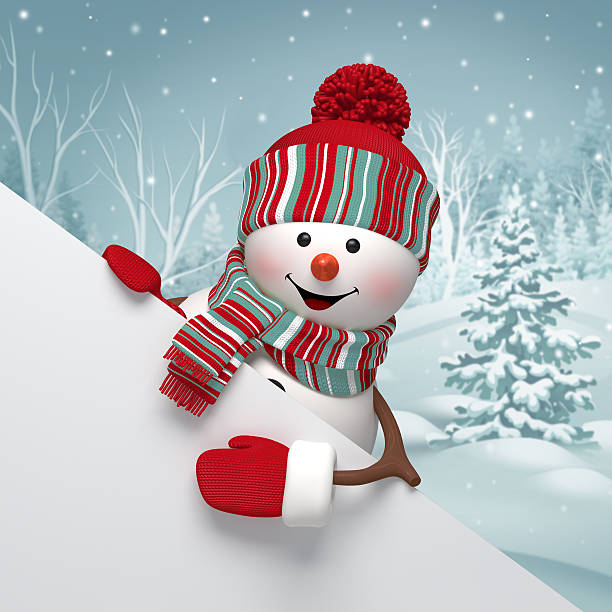 istock 3d snowman holding holiday blank page template, Christmas background illustration 525180075