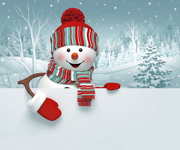 istock 3d snowman holding holiday blank page template, Christmas background illustration 525180079