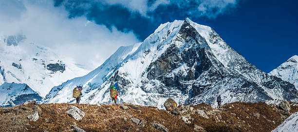 sherpa porters porter des paniers en direction de island sommet des montagnes de l'himalaya, népal - khumbu photos et images de collection