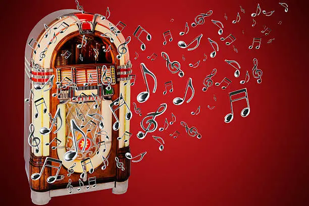 Retro jukebox with many flying musical note against red background.