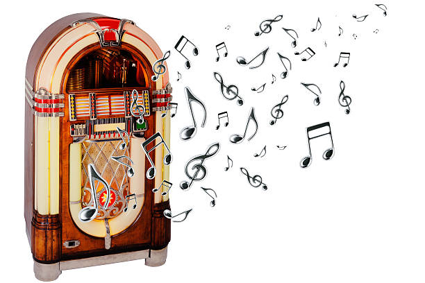 istock Retro jukebox with many flying musical note on white background 525200597