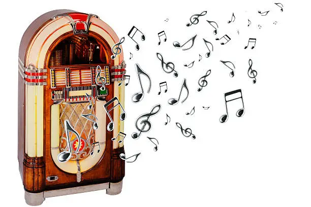 Retro jukebox with many flying musical note isolated on white background.