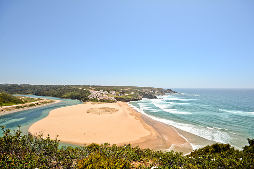 Panoramic view to Praia de Odeceixe, Surfer beach on the West coast of Algarve, District Aljezur Portugal 