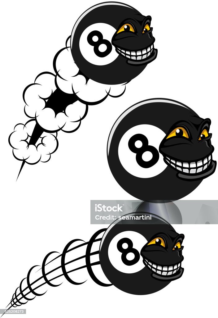 Flying victorious number 8 billiard ball icons Victorious number 8 billiard ball icons flying with a grinning faces, two speeding through the air with motion trails, black and white vector illustration Pool - Cue Sport stock vector