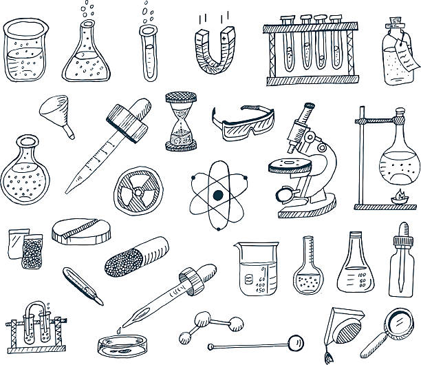 실험실 장비 - 화학 물리적 묘사 일러스트 stock illustrations