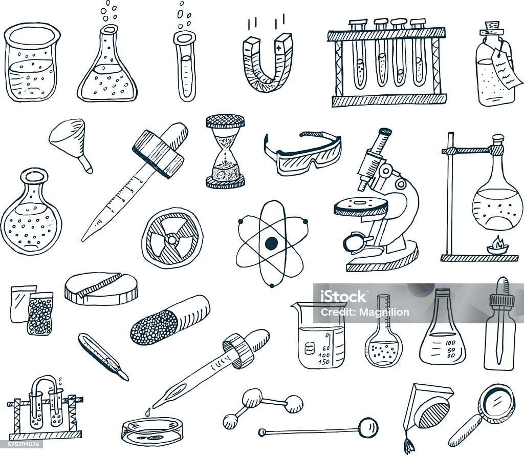 Laboratory Equipment Vector illustration of chemical topics. All objects are grouped. Laboratory equipment for chemistry. Drawing - Activity stock vector