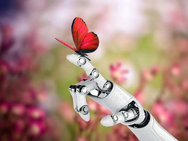 roboter-hand und schmetterling - artificial wing fotos stock-fotos und bilder