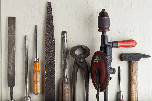 istock Construction tools set on wooden light background. Assortment assesories 525211922
