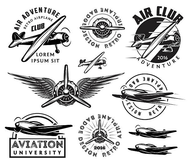 retro-muster ein satz von flugzeugen, abzeichen, design-elemente - rotor stock-grafiken, -clipart, -cartoons und -symbole