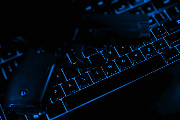 istock Password text and pistol on the illuminated buttons 525212924