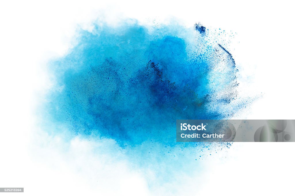 Blue Dust Explosion Isolated on White Background Powder explosion. Closeup of a blue dust particle explosion isolated on white. Abstract background Exploding Stock Photo