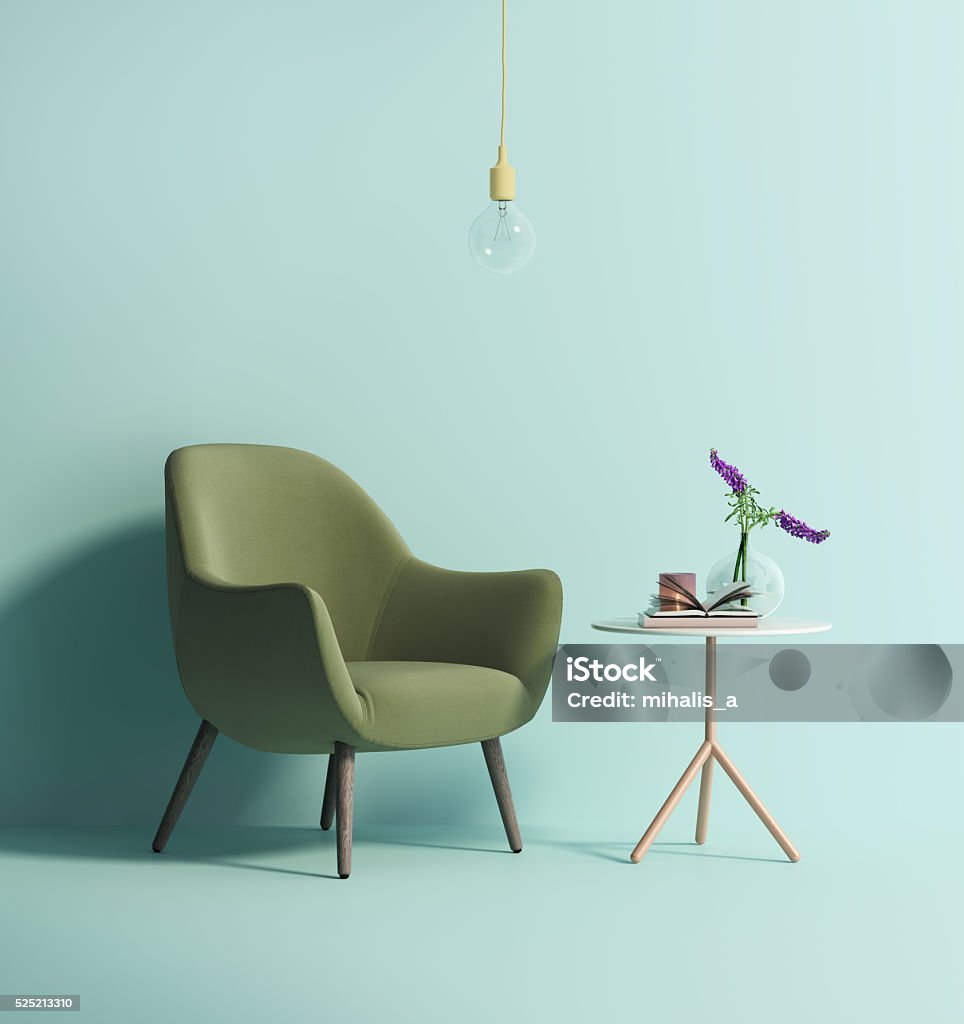 Contemporary green armchair on mint wall Rendering of a Contemporary green armchair on mint wall Furniture Stock Photo